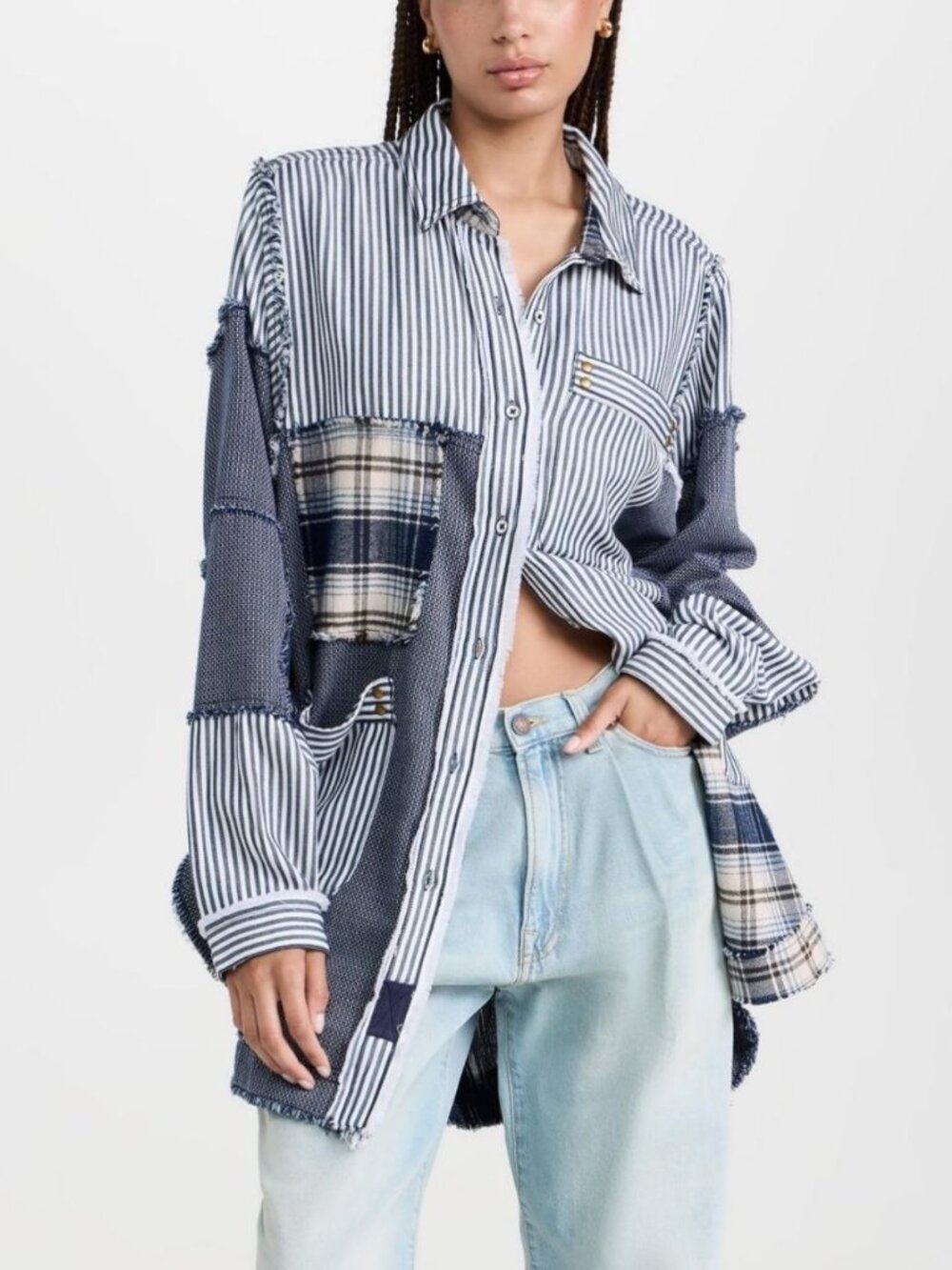 Free people unique patchwork plaid oversized shirt / dress with distressed look